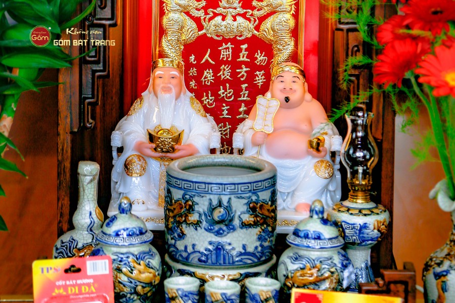 Bộ Tượng Thần Tài Thổ Địa Ghế Rồng Màu Phỉ Thúy