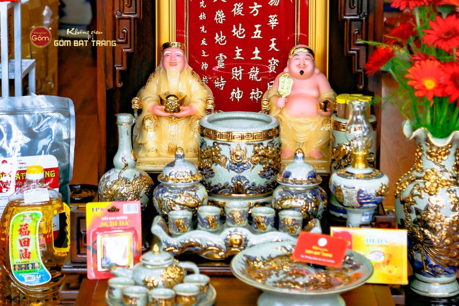 Bộ Tượng Thần Tài Thổ Địa Ghế Rồng Màu Thạch Anh Vàng