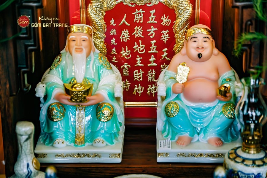 Bộ Tượng Thần Tài Thổ Địa Ghế Rồng Màu Xanh Ngọc