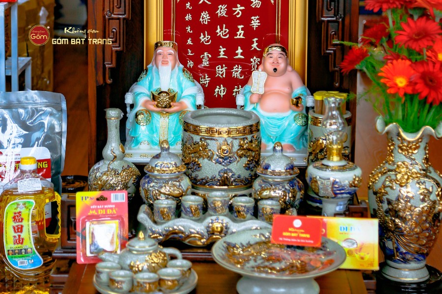 Bộ Tượng Thần Tài Thổ Địa Ghế Rồng Màu Xanh Ngọc