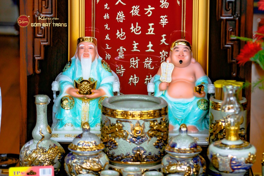 Bộ Tượng Thần Tài Thổ Địa Ghế Rồng Màu Xanh Ngọc