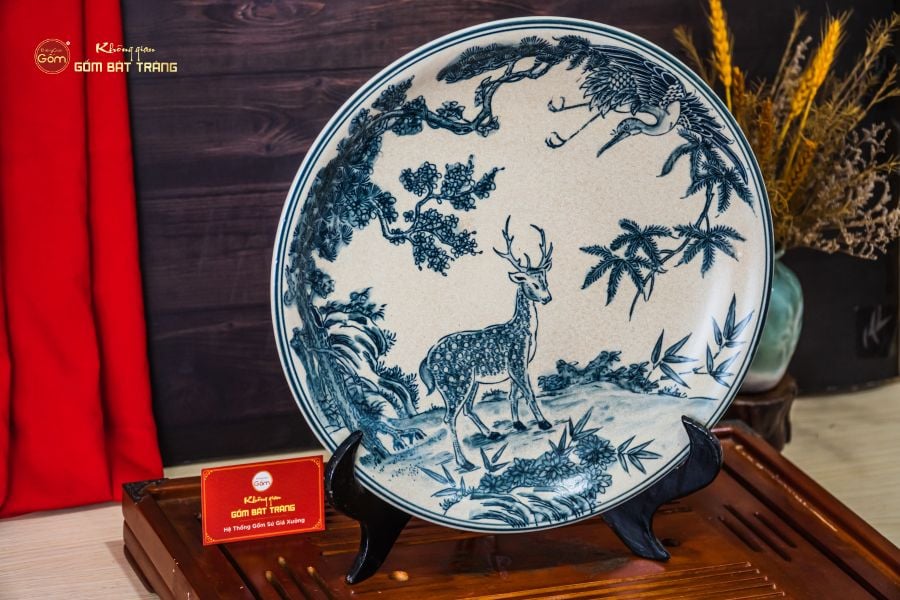 Đĩa Trưng Bày Men Rạn Hươu Sao Chim Hạc