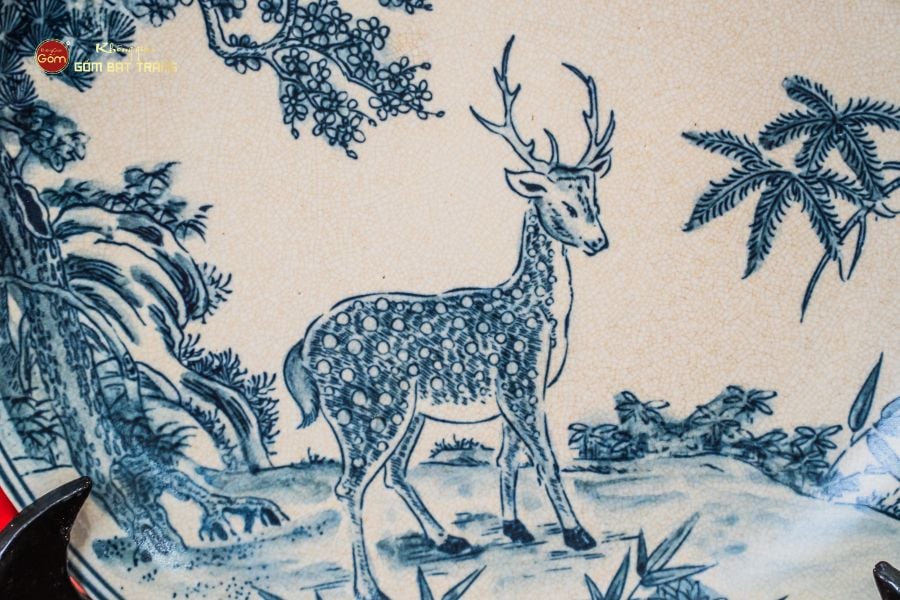 Đĩa Trưng Bày Men Rạn Hươu Sao Chim Hạc