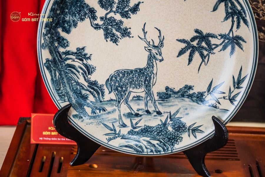 Đĩa Trưng Bày Men Rạn Hươu Sao Chim Hạc
