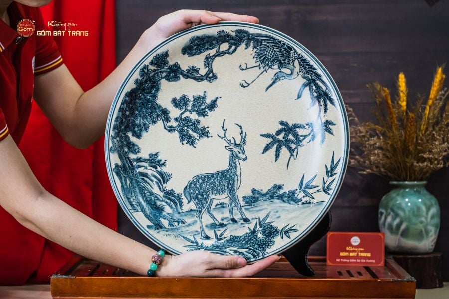Đĩa Trưng Bày Men Rạn Hươu Sao Chim Hạc