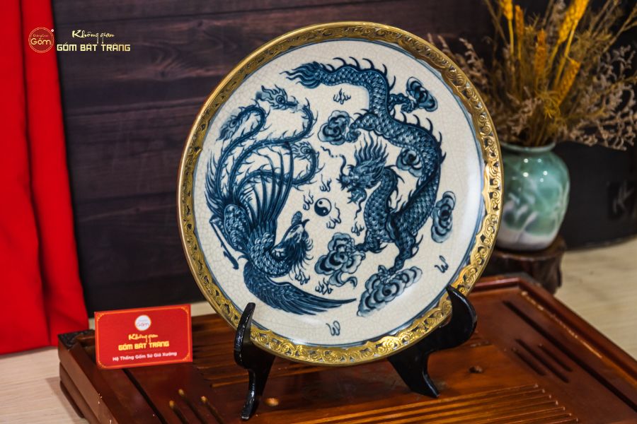 Đĩa Trưng Bày Men Rạn Bọc Đồng Long Phụng Trình Tường
