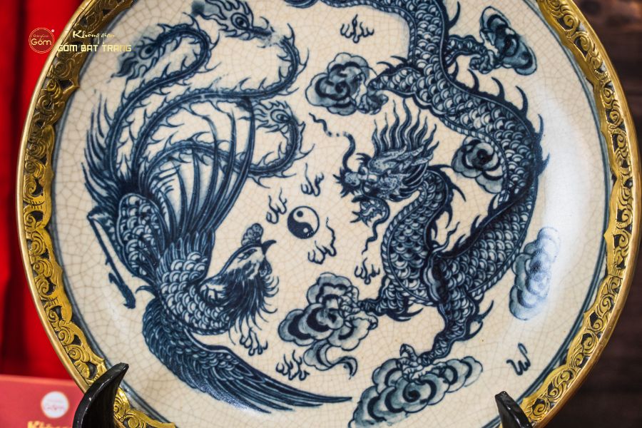 Đĩa Trưng Bày Men Rạn Bọc Đồng Long Phụng Trình Tường