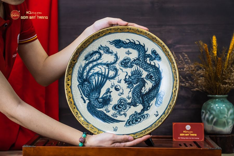 Đĩa Trưng Bày Men Rạn Bọc Đồng Long Phụng Trình Tường