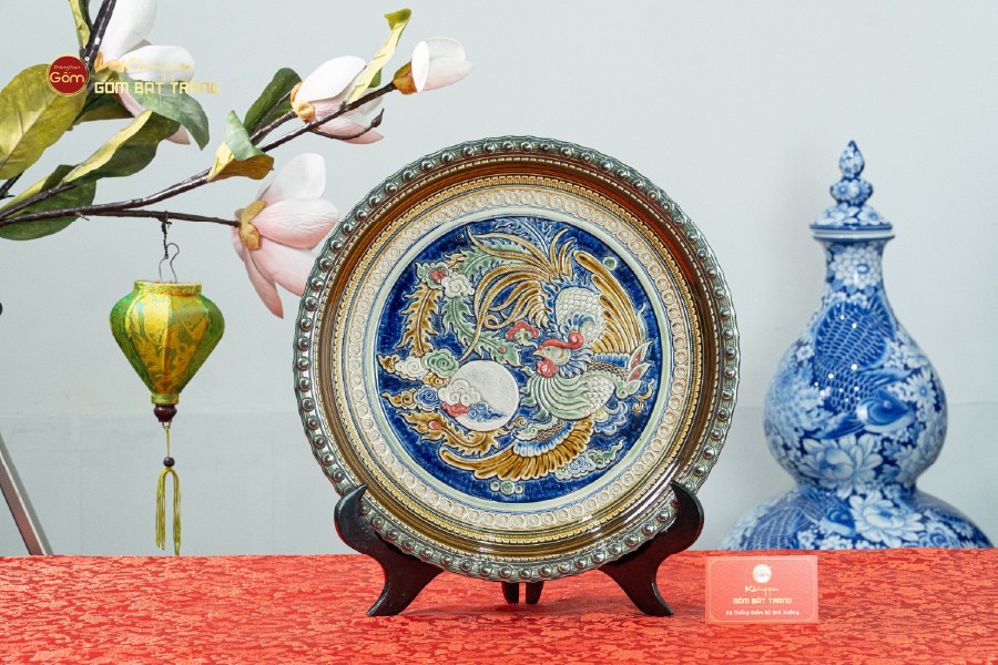Đĩa Trưng Bày Đắp Nổi Vẽ Màu Chim Phượng