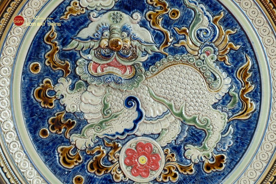 Đĩa Trưng Bày Khắc Nổi Vẽ Màu Lân Quy Phụng