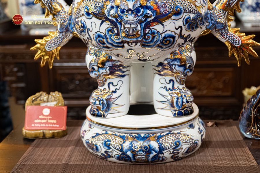Đỉnh Hương Thờ Men Lam Vẽ Vàng Họa Tiết Thanh Long