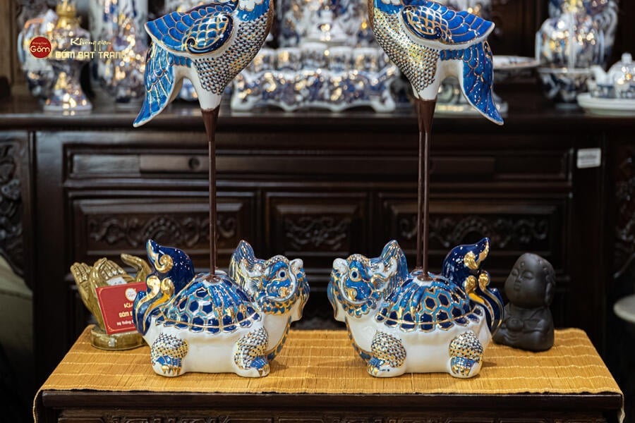 Hạc Thờ Xanh Men Lam Vẽ Vàng (Chiếc)