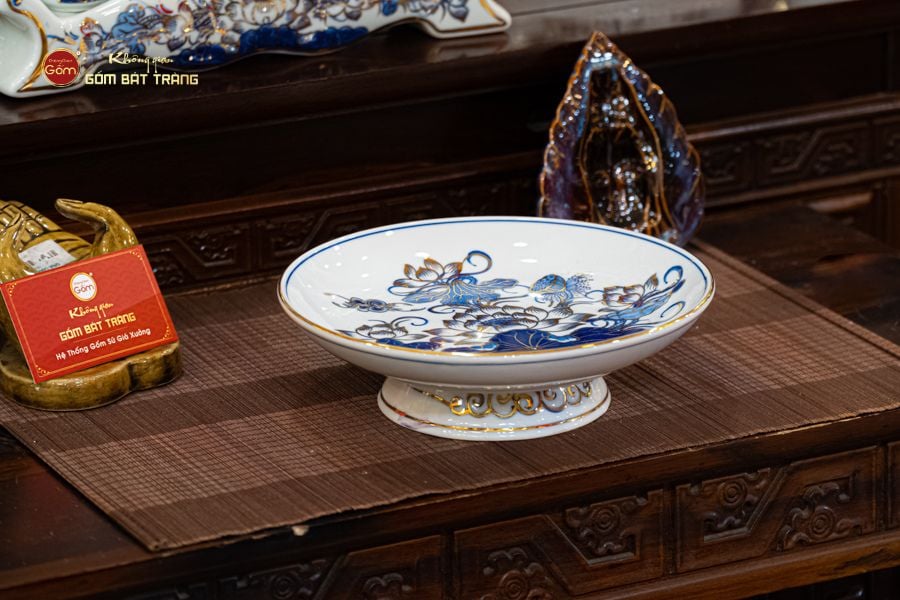 Mâm Bồng Men Lam Vẽ Vàng Họa Tiết Hoa Sen