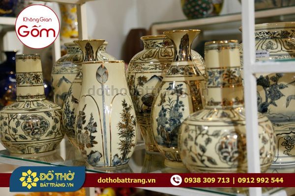 Bình gốm men Chu Đậu vẽ vàng – Quà tặng cao cấp dịp Tết