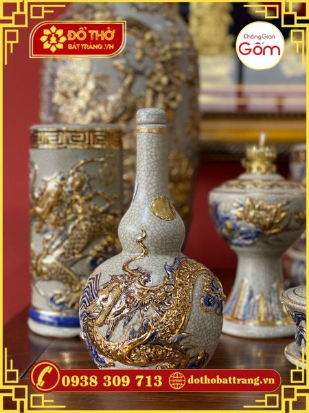 Bộ đồ thờ gốm sứ Bát Tràng men rạn vẽ vàng