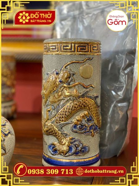 Bộ đồ thờ gốm sứ Bát Tràng men rạn vẽ vàng