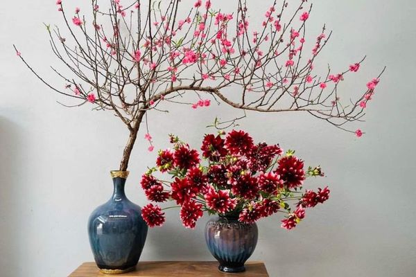 Bình gốm sứ cắm mai đào chưng Tết tuyệt đẹp