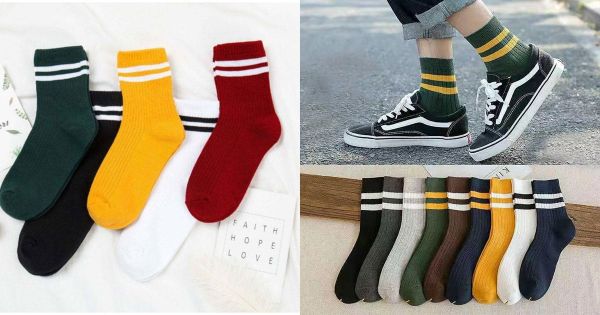 Tất nam cổ cao kẻ sọc nhiều màu với giày thể thao