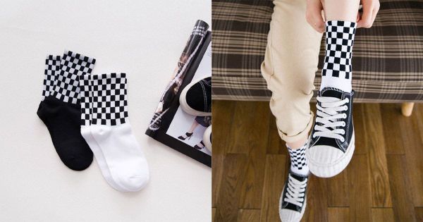 Tất cao cổ họa tiết caro với giày thể thao