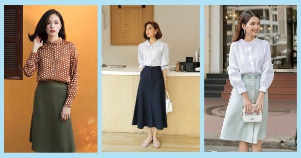 Sơ mi cách điệu phối cùng chân váy họa tiết