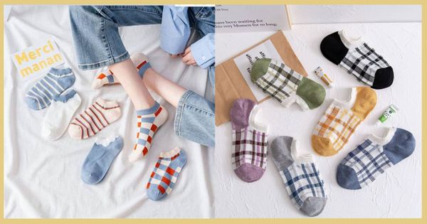 Tất nữ cổ ngắn có họa tiết sọc caro