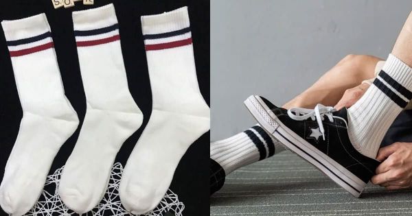 Tất nam cổ cao kẻ sọc ngang với giày thể thao
