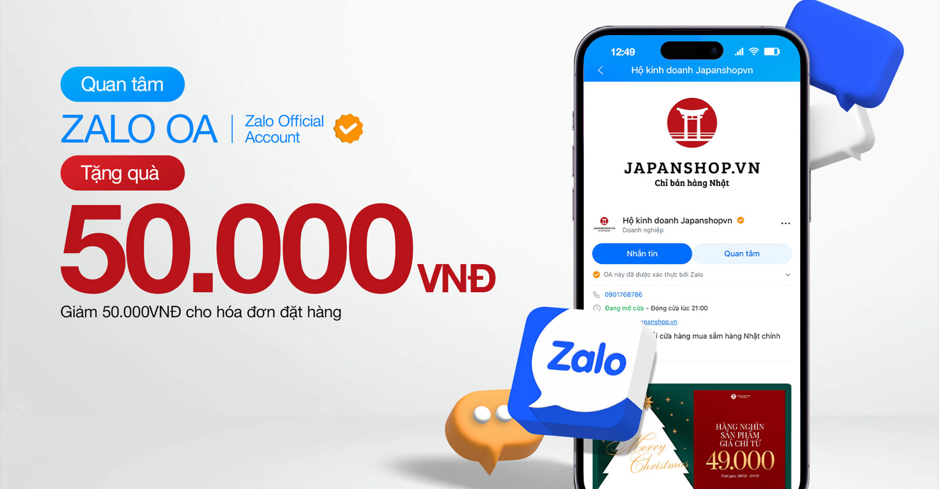 Nhấn quan tâm zalo oa, tặng voucher giảm giá 50.000 vnđ