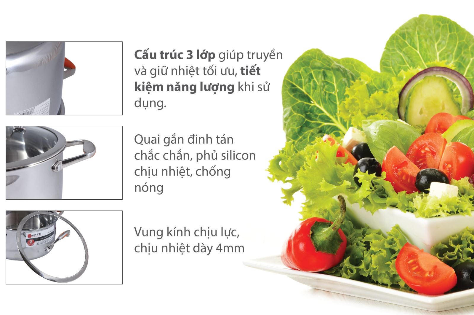 Bộ nồi inox Elmich Matador với đáy có cấu trúc 3 lớp siêu bền