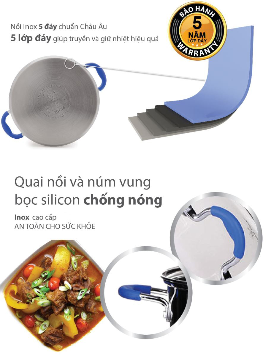 Bộ nồi inox 5 đáy Smartcook với 5 lớp đáy siêu bền