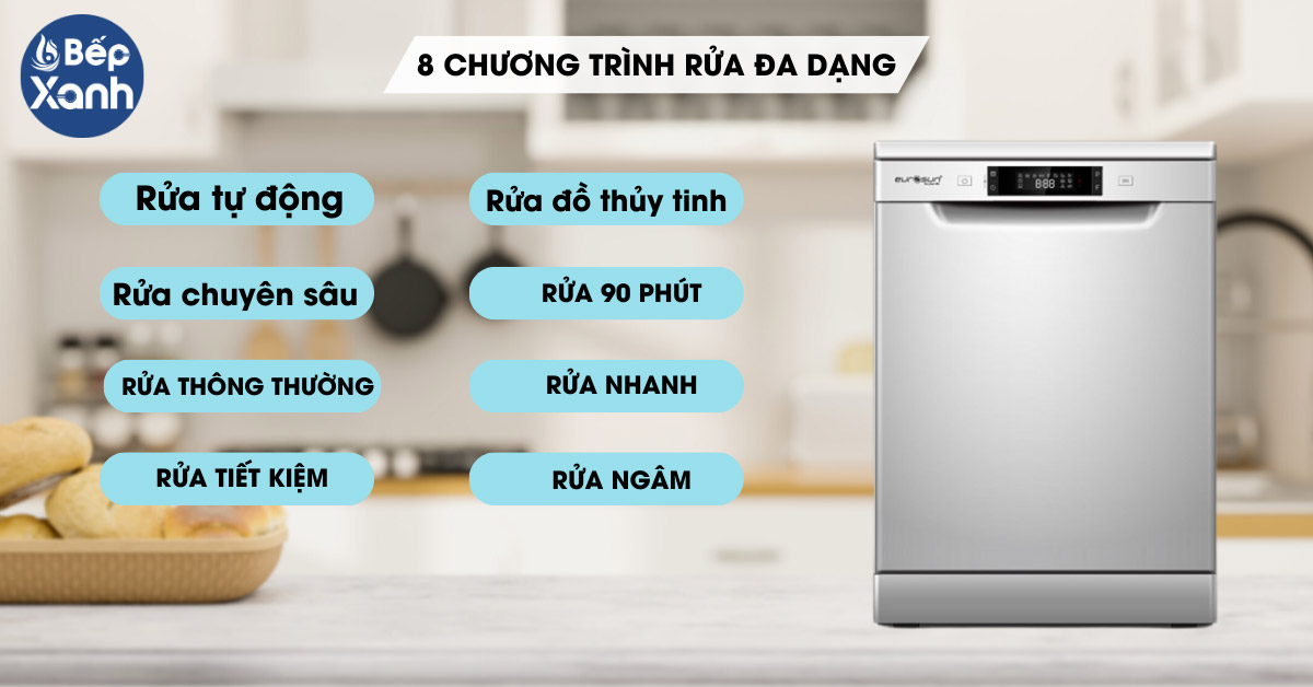 Máy rửa chén bát Eurosun SMS56EU05E trang bị 8 chương trình rửa đa dạng