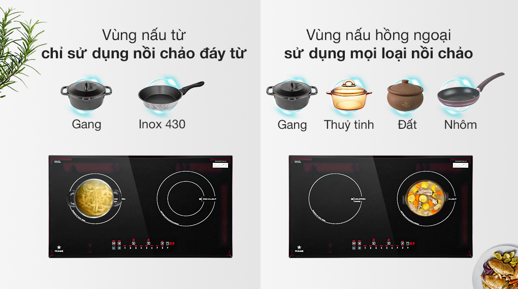 Vùng từ chỉ dùng nồi, chảo đáy nhiễm từ. Vùng hồng ngoại dùng được mọi loại nồi, chảo Vùng từ chỉ dùng nồi, chảo đáy nhiễm từ. Vùng hồng ngoại dùng được mọi loại nồi, chảo