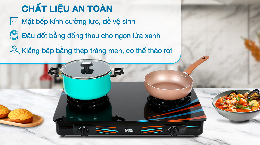 Chất liệu - Bếp ga đôi Rinnai RV-715Slim(GL-SC) Chất liệu - Bếp ga đôi Rinnai RV-715Slim(GL-SC)