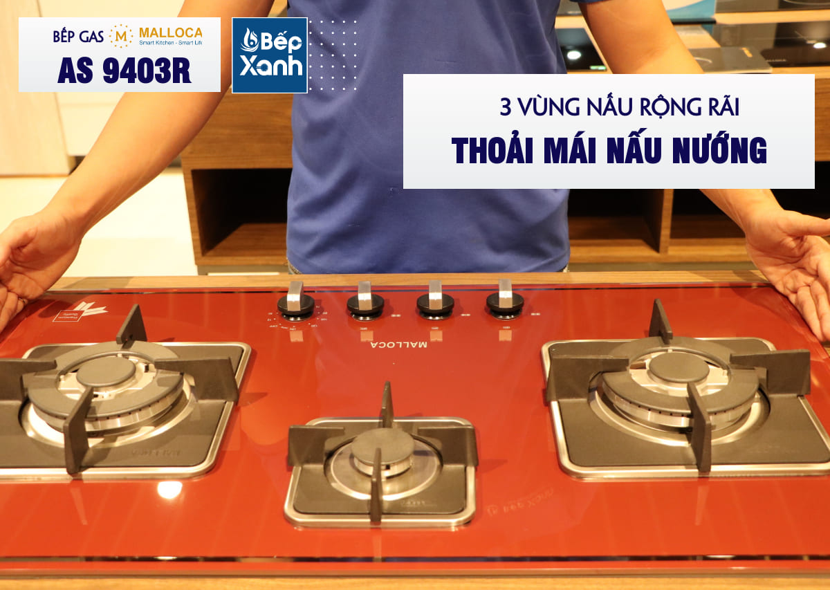 bếp gas Malloca AS 9403R với 3 vùng nấu tiện lợi