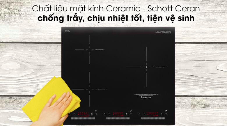 Bếp từ hồng ngoại ba vùng nấu Junger CEJ-300-IIF - Chất liệu mặt bếp từ Junger bằng kính Ceramic - Schott Ceran cao cấp Bếp từ hồng ngoại ba vùng nấu Junger CEJ-300-IIF - Chất liệu mặt bếp từ Junger bằng kính Ceramic - Schott Ceran cao cấp