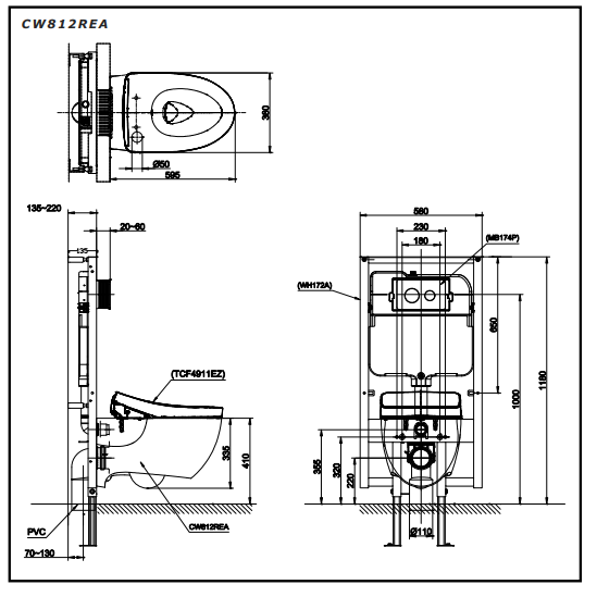 Bản vẽ kích thước bàn cầu TOTO CW812REA