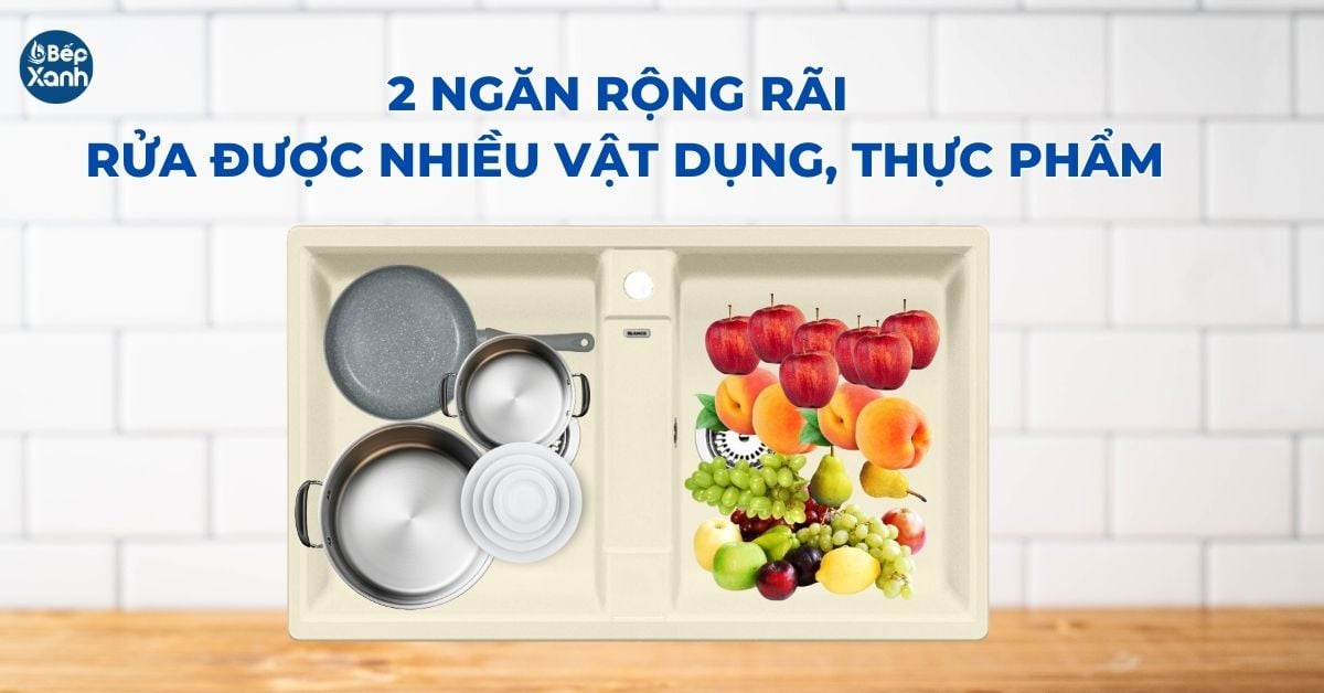 Chậu thiết kế 2 ngăn rửa rộng rãi 2 ngăn của chậu thuận tiện rửa rau củ quả và xoong nồi lớn
