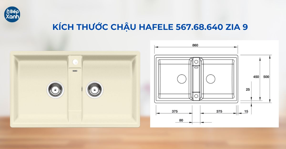 Kích thước chậu Hafele Blanco Zia 9 567.68.640 Chậu có kích thước ngang 860mm, dọc 500mm