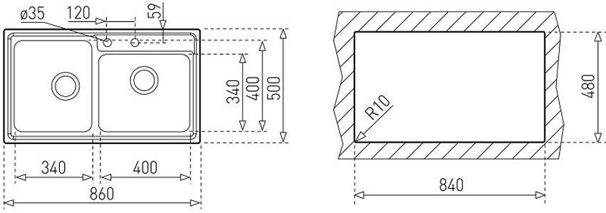 Kích thước lắp đặt của chậu rửa Teka Stage 2B