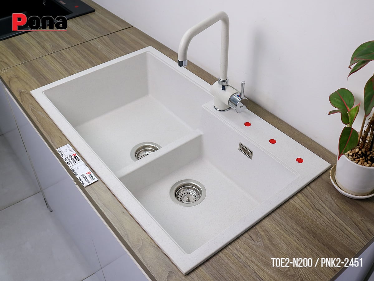 Chậu rửa chén đá Granite Cao Cấp PONA 2 hố màu trắng tiêu xanh TOE2-N200