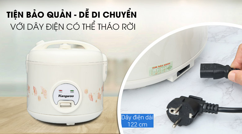Dây điện dễ tháo rời - Nồi cơm điện nắp gài Kangaroo 1.8 lít KG18RC3