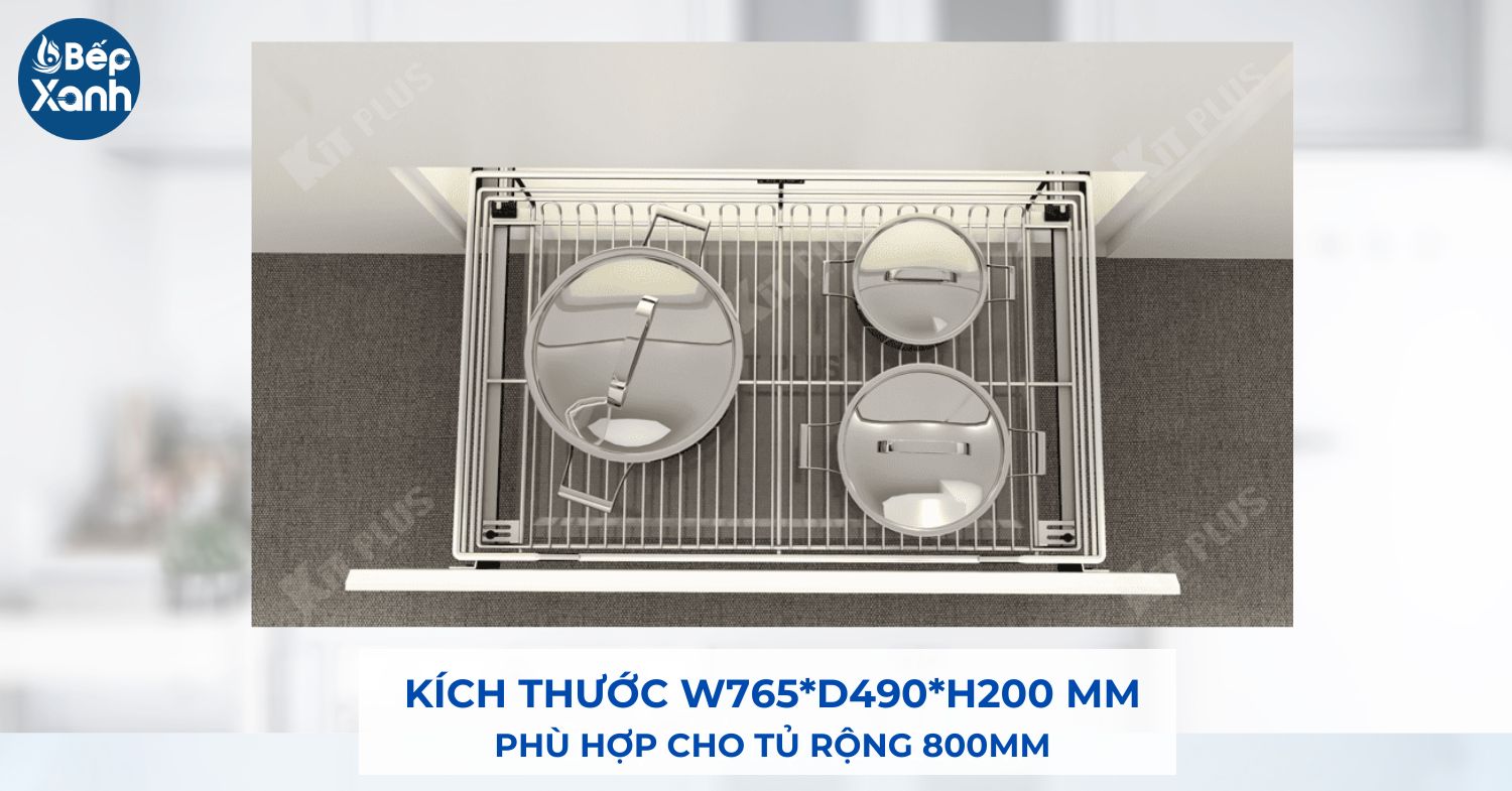 Kích thước kệ lưu trữ xoong nồi Kit Plus DG80S Kích thước kệ là W765*D490*H200 mm cho tủ ngang 800mm
