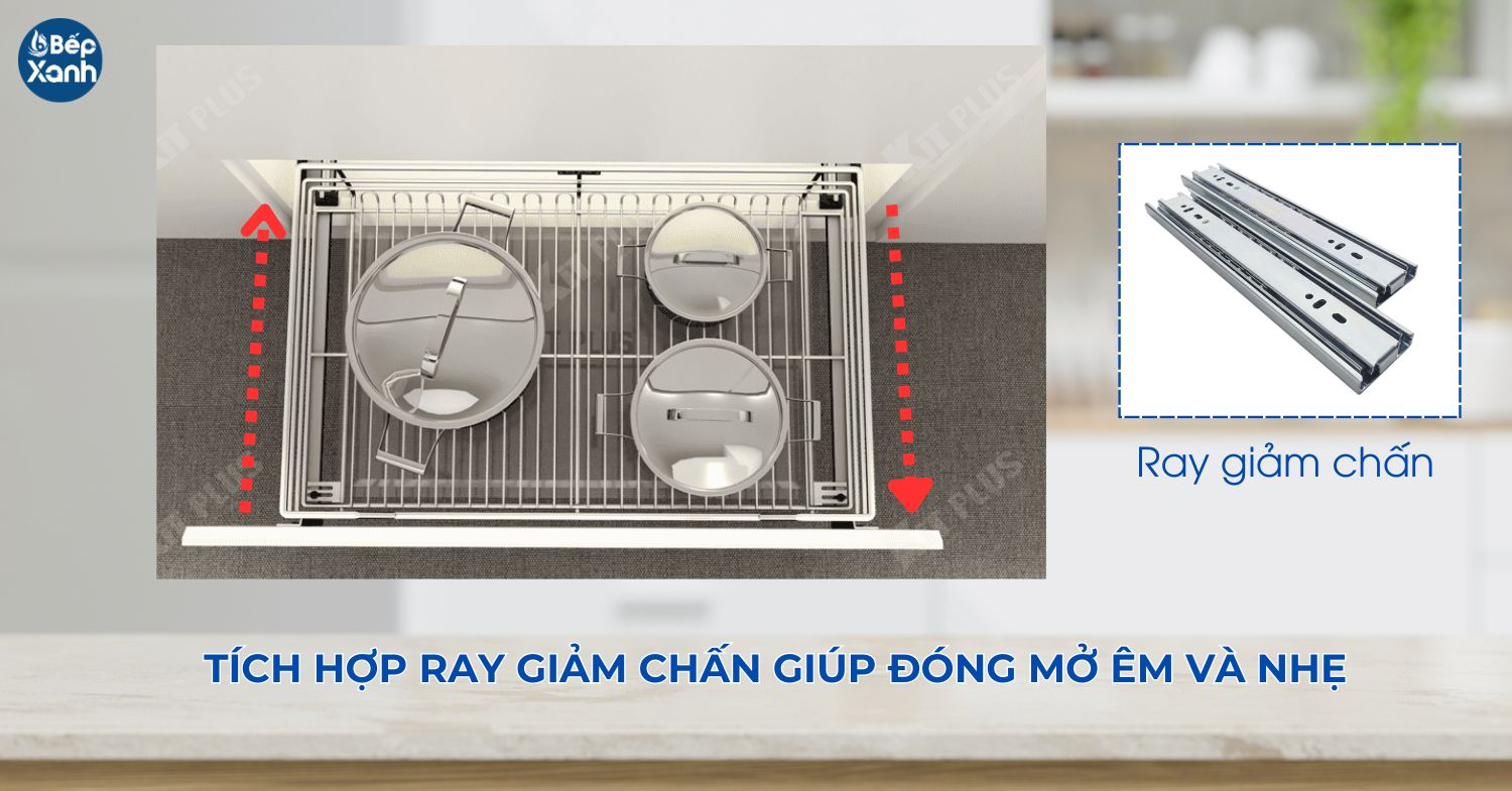 Kệ trang bị ray giảm chấn giúp đóng mở êm ái ray giảm chấn lắp ở 2 bên hông kệ cho thao tác đóng mở không bị ồn