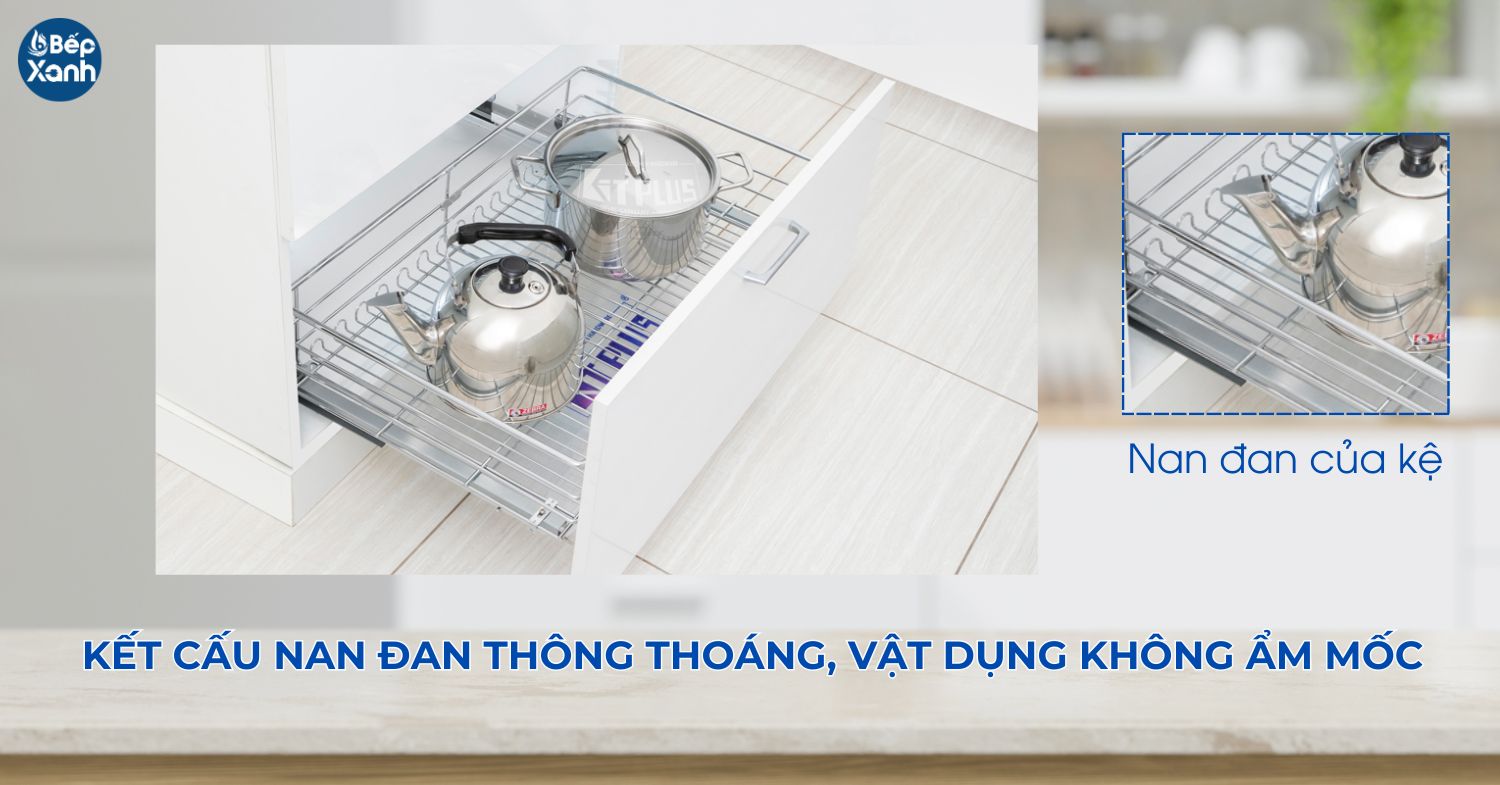 Kết cấu nan đan của giá đựng xoong nồi DG80S Nan đan của kệ dạng tròn, cách xa nhau tạo sự thông thoáng