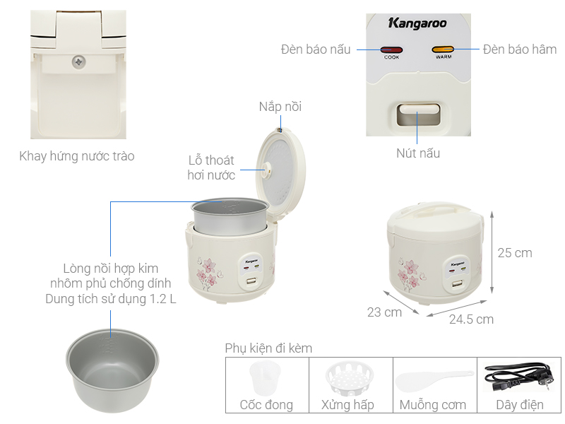 Thông số kỹ thuật Nồi cơm điện nắp gài Kangaroo 1.2 lít KG12RC1