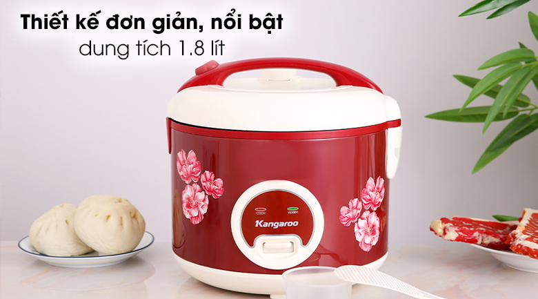 Nồi cơm nắp gài Kangaroo KG378H 1.8 lít - Kiểu dáng đơn giản, họa tiết hoa Hàn Quốc trên thân nồi đẹp mắt