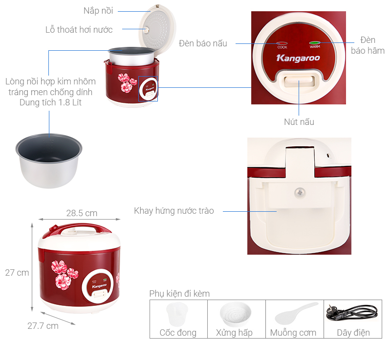 Thông số kỹ thuật Nồi cơm nắp gài Kangaroo KG378H 1.8 lít