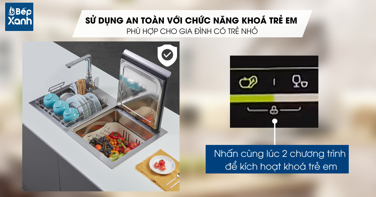 Trang bị khóa an toàn trẻ em trên máy rửa chén tích hợp chậu rửa Malloca WQP6-890F3