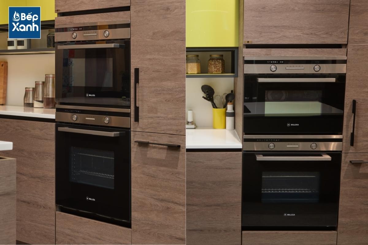 Kính đen viền inox của lò dễ phối với nền bếp