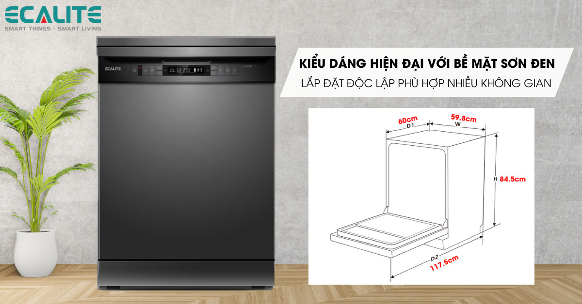 Kiểu dáng hiện đại của máy rửa chén Ecalite EDW-JA6014ABUV