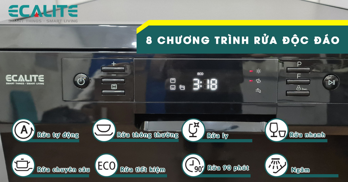 8 chương trình rửa tiện lợi của máy rửa chén Ecalite EDW-SMS6014AB